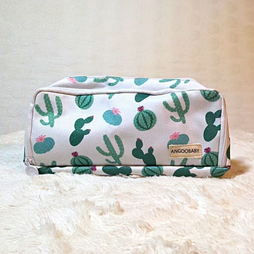 ANGOOBABY Cactus Print Makeup Cosmetic Bag Travel Organizer 8” Green & White